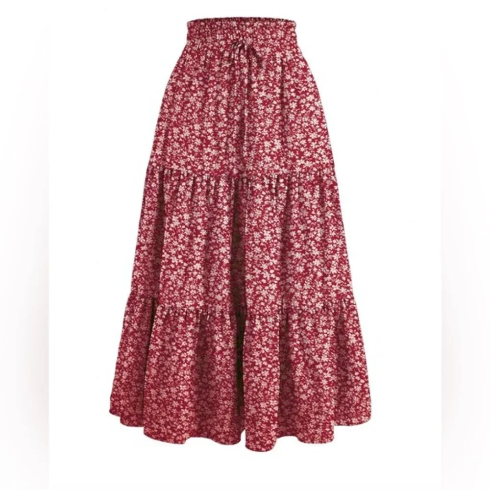 Red Boho Floral Print Tiered Ruched Skirt - Picture 6 of 13